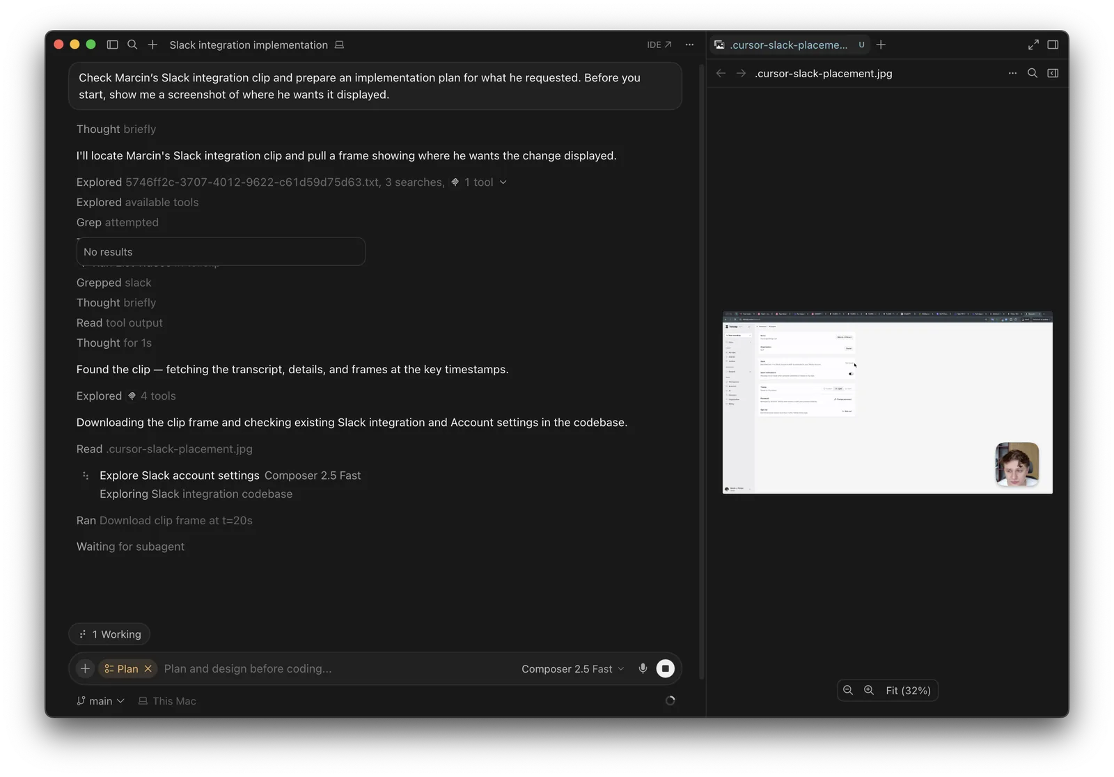 AI agent using a Tellclip transcript and video frame to continue implementation work