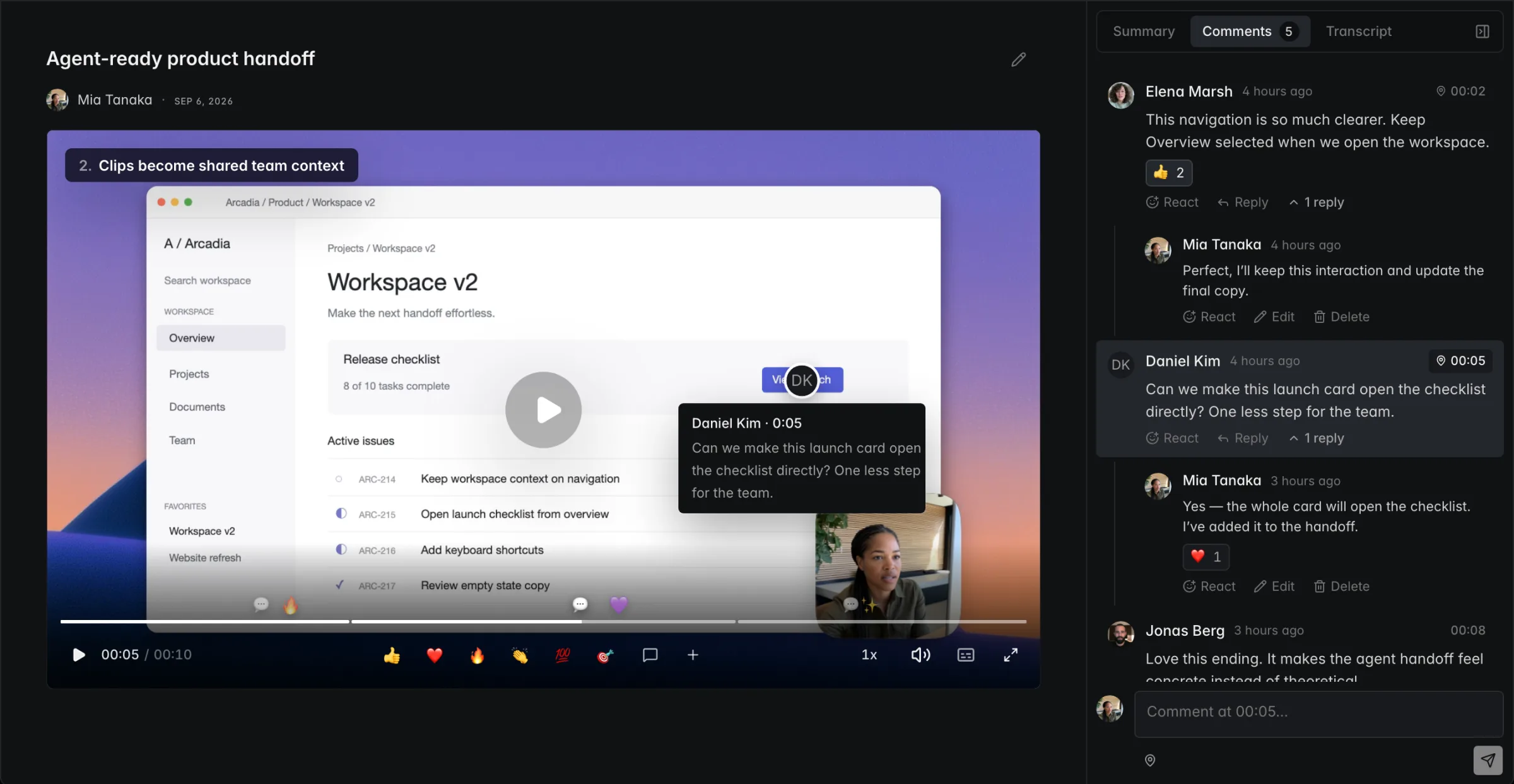A Tellclip clip page with a pinned comment on the video and a comment thread beside it